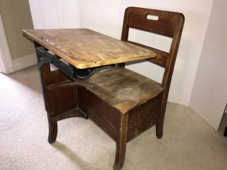 Vintage Early 1900s Wood and Cast Iron Childs School Desk and Chair One Piece 3