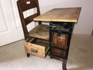 Vintage Early 1900s Wood and Cast Iron Childs School Desk and Chair One Piece 5