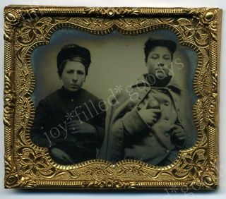 Young Boy Soldiers One Holds An Apple 13 & 14 Yr Olds? Civil War Ruby Ambrotype