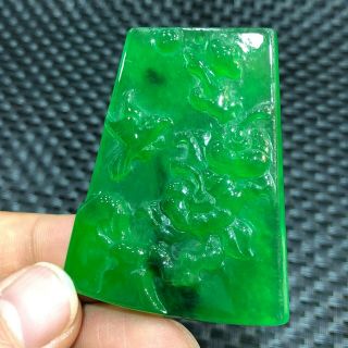 Chinese Green Jadeite Jade Carved Handwork Collectible Flowers & Bird Pendant 6