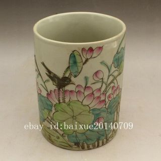 Chinese Old Hand - Carved Porcelain Famille Rose Flower And Bird Brush Pot C02