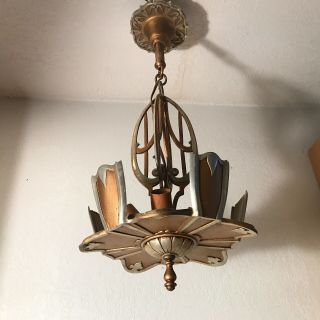 Antique Cast Alloy Gold And Silver Art Deco Slip Shade Ceiling Light Fixture