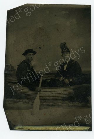 Civil War Sailor And Fife Playing Officer In A Boat Union Navy Tintype Photo