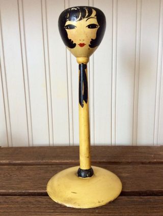 Antique Art Deco Wood Hat Stand Flapper Lady Head Yellow Boudoir Dresser Vanity 3