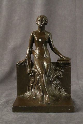 Vintage Metalware Art Nouveau Single Reclining Lady Nude Bookend Brown Spelter