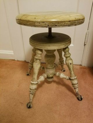 Antique Wood Painted Piano Stool Adjustable Seat Glass Ball Claw Feet