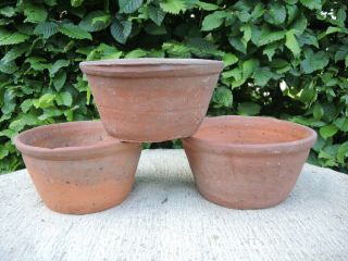 3 Old Hand Thrown Half Height Terracotta Plant Pots 6.  75 - 7 " Diameter (m)