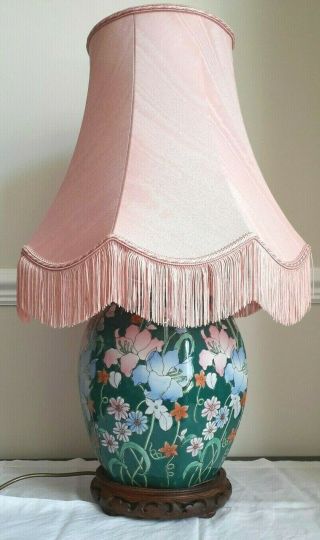 Large Ceramic Table Lamp With Shade & Carved Wooden Chinese Style Base