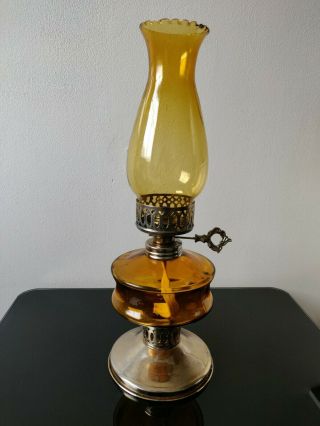 Vintage Antique Oil Lamp Metal Based And Amber Glass