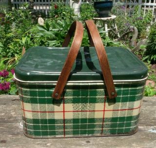 Vintage Green Plaid Tin Box Cookies Picnic Basket Old Storage Wood Handles Tote