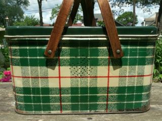 VINTAGE GREEN PLAID TIN BOX COOKIES PICNIC BASKET OLD STORAGE WOOD HANDLES TOTE 2