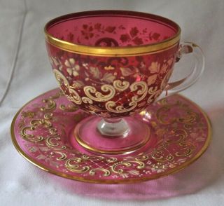 Moser Glass Cranberry Cup And Saucer Signed