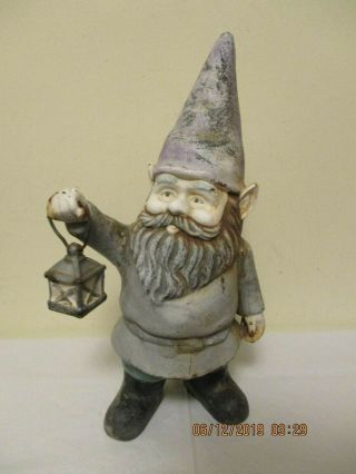 Vintage Cast Iron Garden Gnome Holding A Lantern 14 " Tall