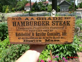 Vintage Advertising Wooden Box Wood Old Boston Mass Batchelder Snyder Hamburger