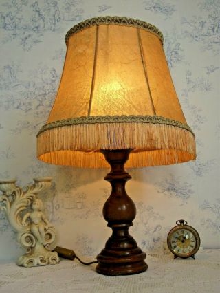 Handmade Vintage French Turned Wooden Table Lamp With Frilled Hide Shade 1264