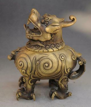 Chinese Old Pure Copper Hand - Carved Unicorn Pi Xiu Incense Burner Censer E01