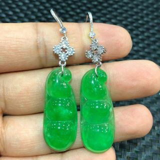 Chinese Handwork S925 Silver & Green Jadeite Jade Beans Collectible Pair Eardrop