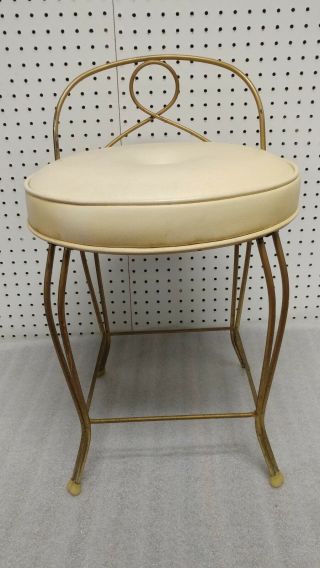 Vanity Stool Chair Vtg White Gold Brass Metal Hollywood Regency Mid Century Mcm