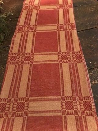 Primitive Table Runner Cranberry Red & Tan 15 " X 54  Woven Early Look Country