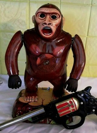 Vintage Tin Toy Roaring Gorilla Battery Operated Gun Shooting Gallery