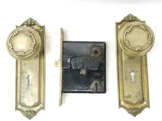 Brass Cast Iron Old Entry Door Knobs & Back Plate Set Sargent & Co Date 1886 Pat