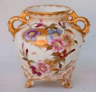 Antique Double Fish Handle Victorian Vase Footed Hand Painted Gold/rose