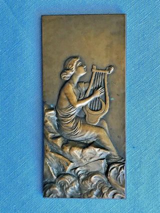 Antique French Art Nouveau Bronze Medal Semi Nude Sapho Playing Lyre Montagny