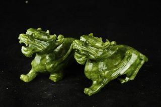 Chinese Natural Green Jade Dragon Pixiu Statue Pair C02