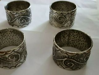 Vintage Pewter Arts & Crafts 4 Napkin Ring Hand Made Repoussé Work