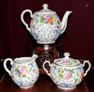 Antique Limoges Porcelain Tea Pot Set Old Paris Flowers Ahrenfeldt C.  1890 