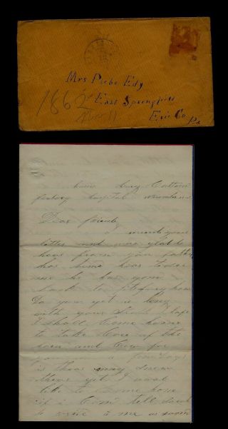 145th Pennsylvania Infantry Civil War Letter Cotton Factory Hospital Harrisburg