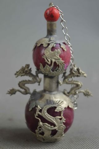 Collectable Chinese Souvenir Miao Silver Armor Jade Dragon Phoenix Snuff Bottle