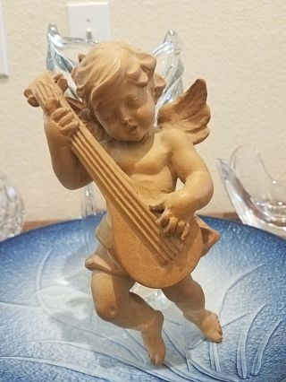 Hand Carved Wooden Wall Hanging Angel Cherub Putti Putto Playing The Mandolin