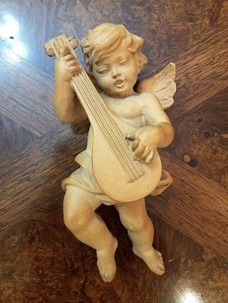 Hand Carved Wooden Wall Hanging Angel Cherub Putti Putto Playing the Mandolin 2
