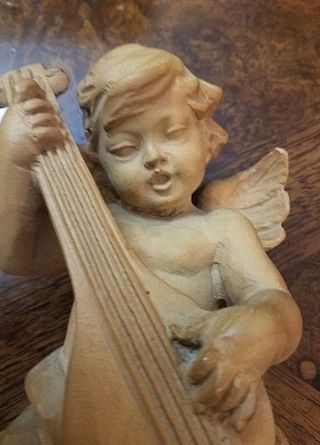 Hand Carved Wooden Wall Hanging Angel Cherub Putti Putto Playing the Mandolin 3