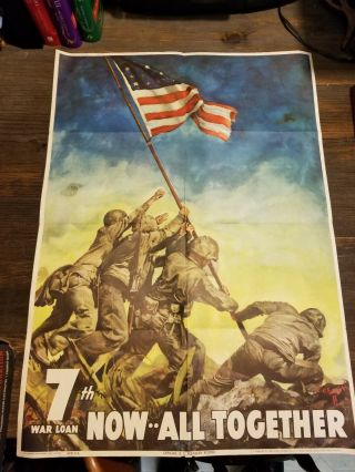 Ww2 7th War Us Treasury Loan Poster 18 X 26 Iwo Jima Now All Together