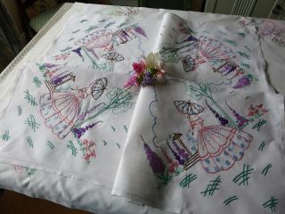 Vintage Hand Embroidered Tablecloth/ Exquisite Crinoline Ladies & Gardens
