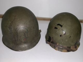 WW2 D - Day US Army Military liner&Steel Pot M - 1 Camo Painted ?Helmet Combat Worn 2