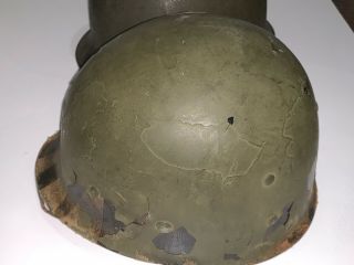 WW2 D - Day US Army Military liner&Steel Pot M - 1 Camo Painted ?Helmet Combat Worn 4