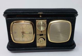 Vintage Fold Up Travel Alarm Clock Radio Black Leather Case