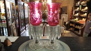 Pair Antique Glass Bed Lamps With Cranberry Glass Etched Globe