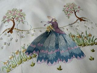Vintage Hand Embroidered Picture Panel Of Embroidered Crinoline Lady