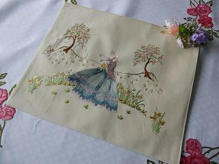 VINTAGE HAND EMBROIDERED PICTURE PANEL OF EMBROIDERED CRINOLINE LADY 3