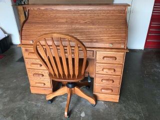 Roll Top Desk,  Solid Oak,  Includes Matching Swivel Chair