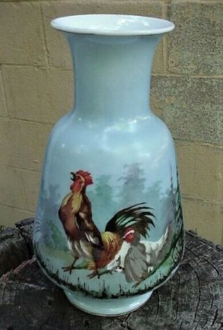 Antique Large Victorian Hand Painted Farm Rooster & Hen Chickens Glass Vase