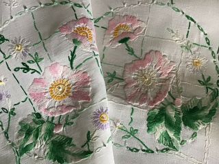 Vintage Linen Hand Embroidered Tablecloth Pale Pink Poppies