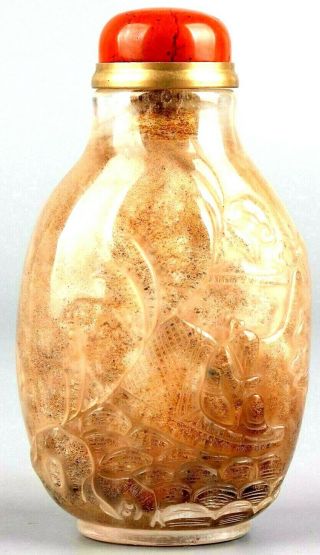 19th Century Chinese Craved Agate Stone Master Snuff Bottle With Red Coral Top
