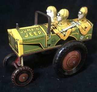 Vintage Marx Wind - Up Tin Lithographed Jumpin Jeep Army Toy