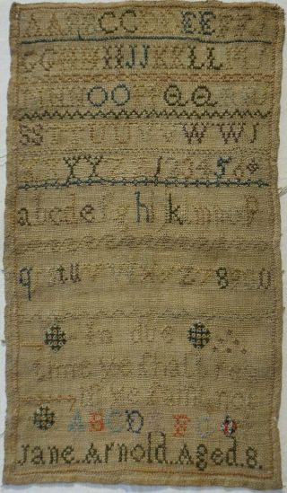 Small Mid 19th Century Alphabet Sampler By Jane Arnold Aged 8 - C.  1845
