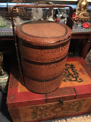 Vintage Chinese Wedding Basket 3 Tier Woven Bamboo Stacking Wicker